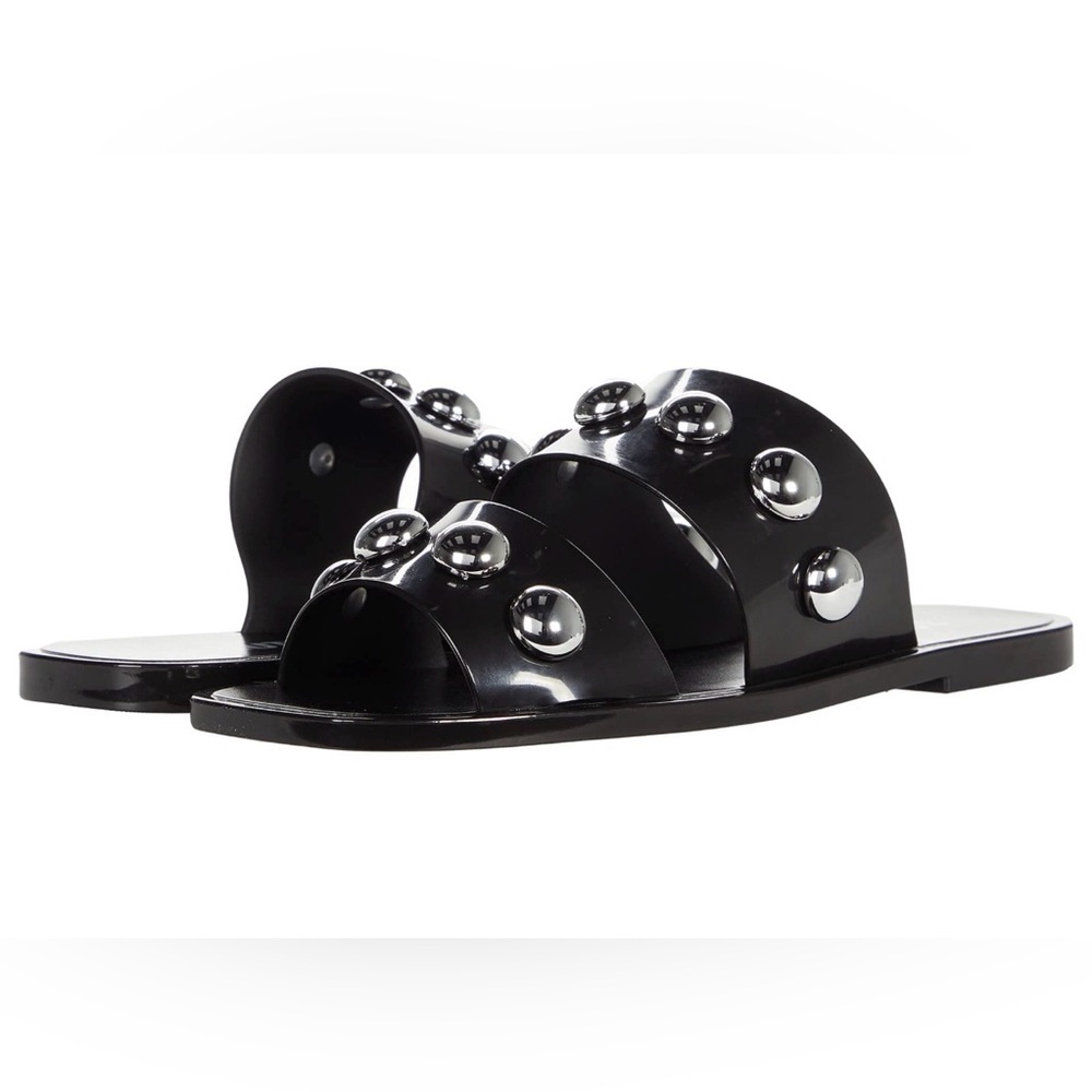 NWOT Schutz Lizzie Jelly Sandals Size 6 Black and Silver Embellished Slip On